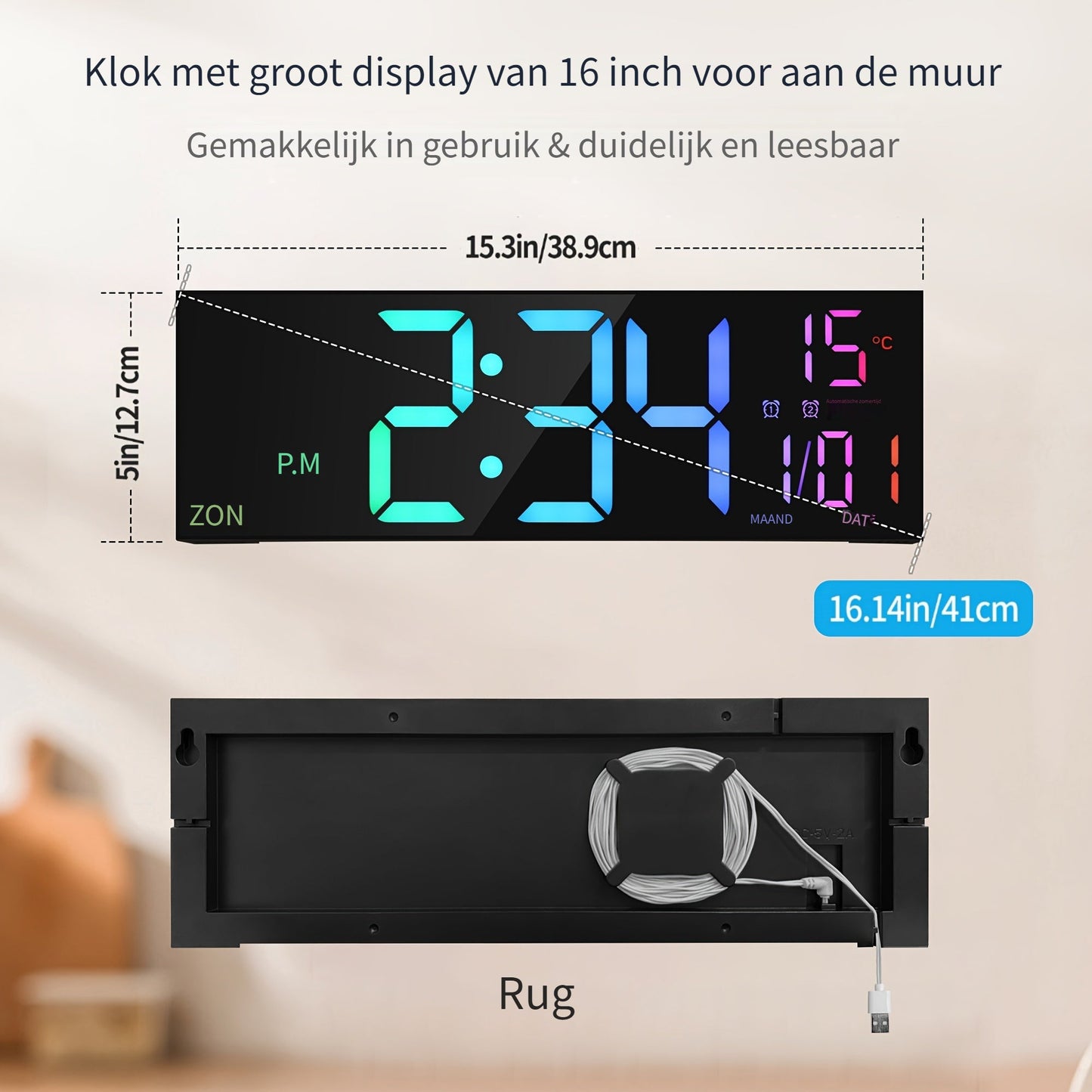Digital Väggklocka LumiWall – Stor, Färgrik och Lättläst