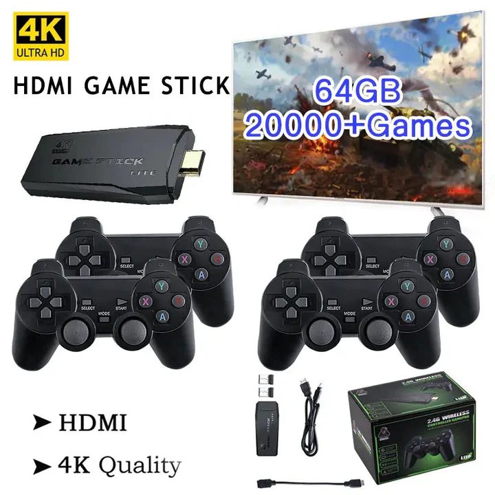 HDMI 4K Spilkonsole med 64GB og 20.000 Retro Spil samt 2 trådløse Gamepads