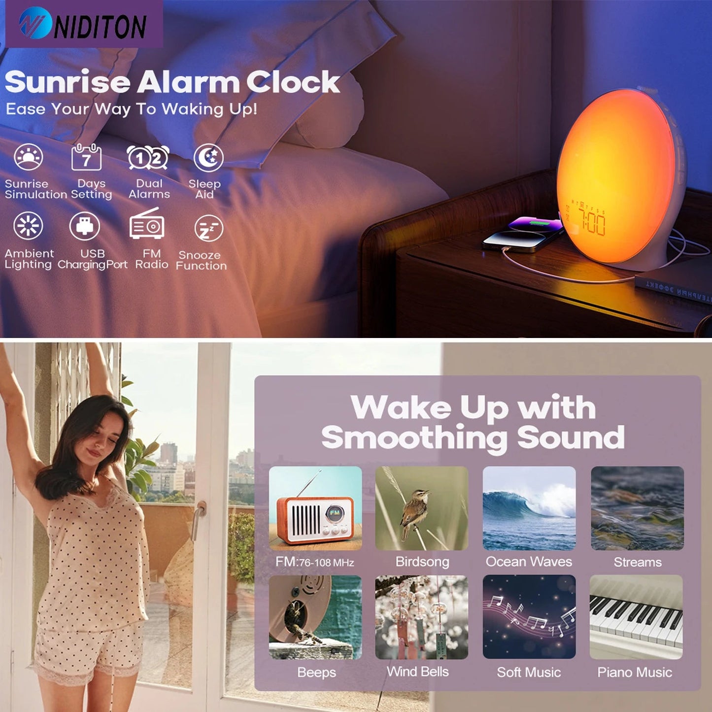 Smart väckarklocka för soluppgång och solnedgång – Naturligt uppvaknande, dubbla larm och lugnande sömnassistans
