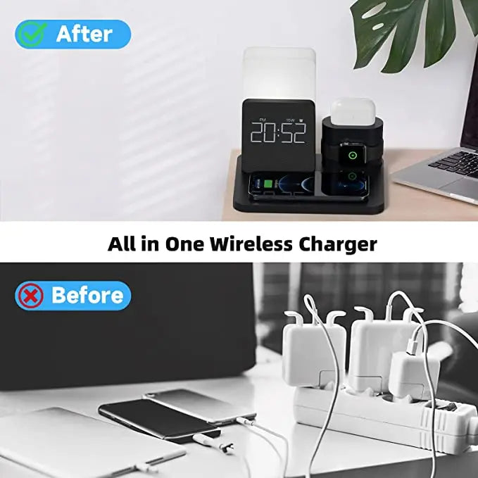 4-i-1 Hurtig Trådløs Opladerstation med Vækkeur og Lampe til Apple