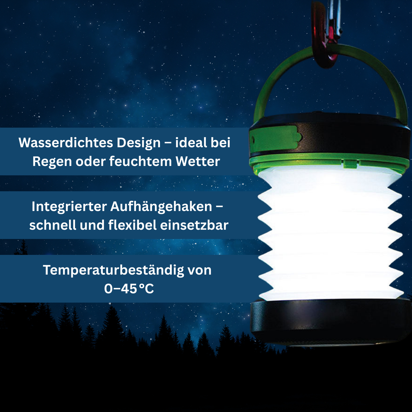 Solcelledrevet, Vandafvisende Campinglampe med Lang Batteritid