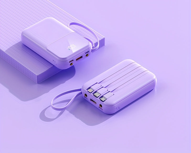 Bärbar Powerbank 10000mAh - Snabbladdning med Integrerade Kablar