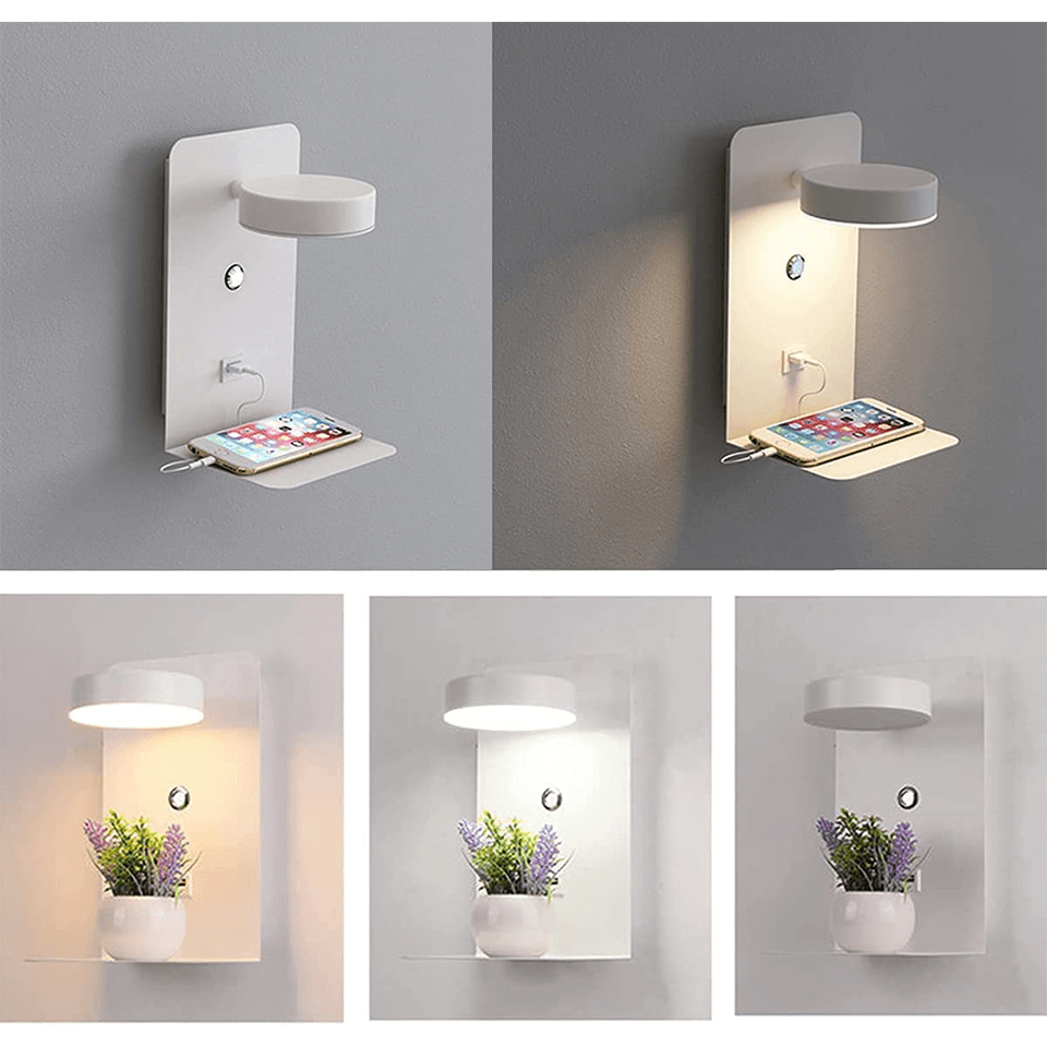 Justerbar LED Væglampe med Hylde og USB Opladning