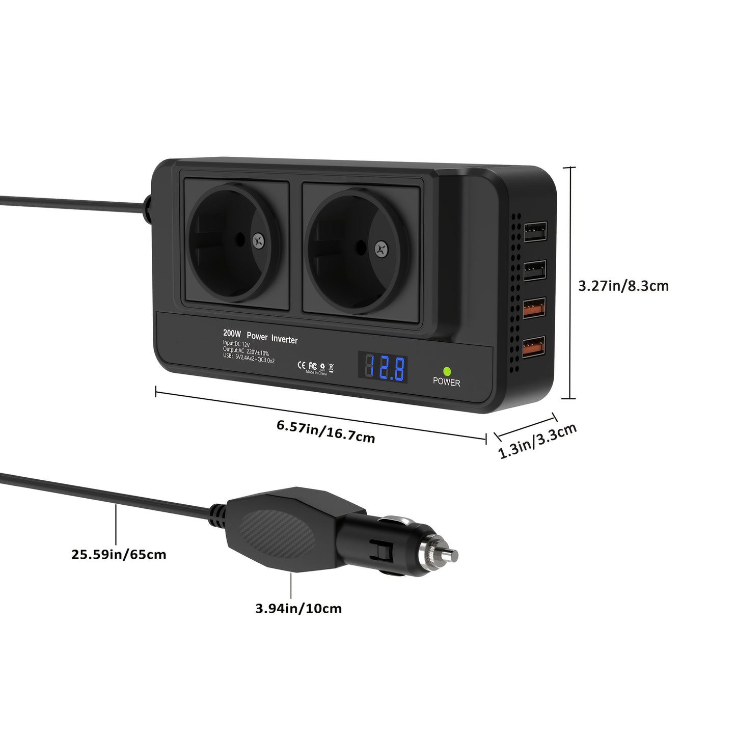 Kompakt 200W Bil Inverter – Dubbla Uttag och Fyra USB-portar