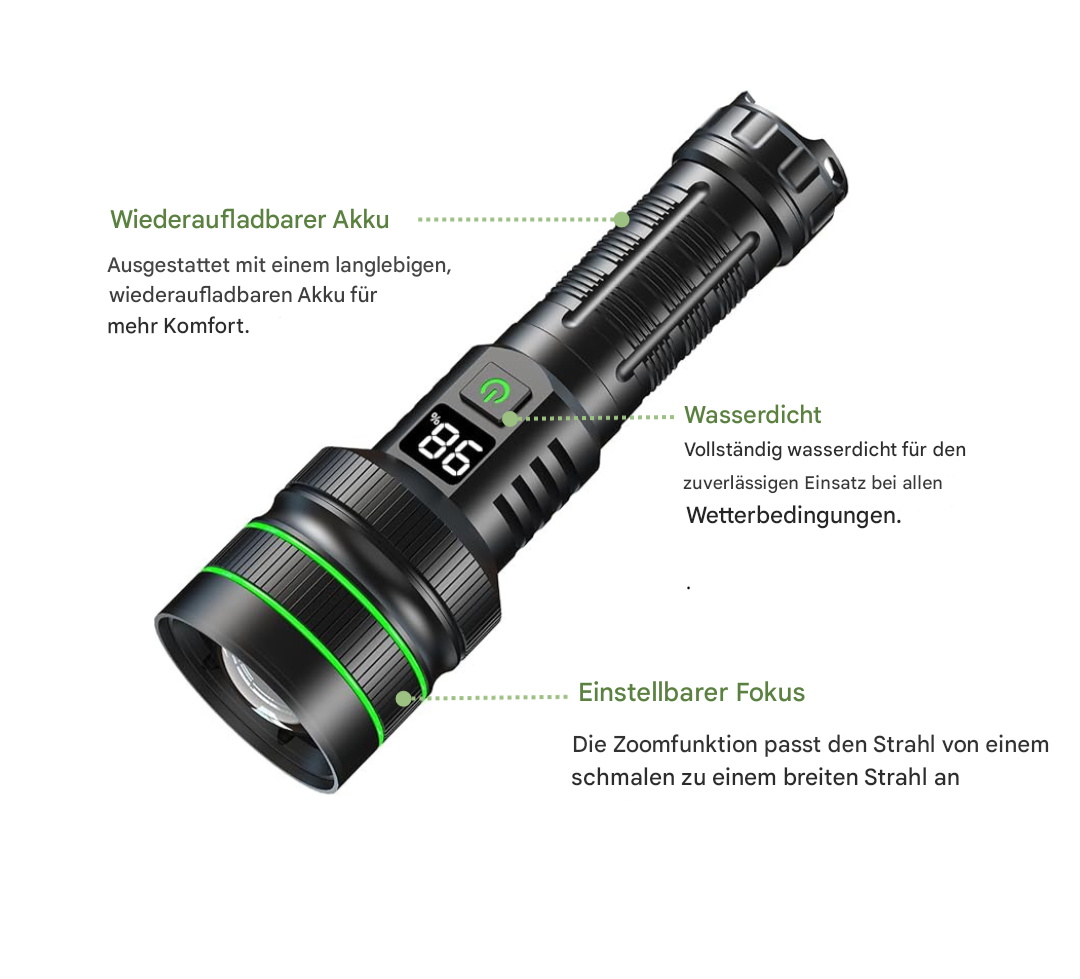 Superstærk LED-lommelygte med justerbart zoom - LuminMax