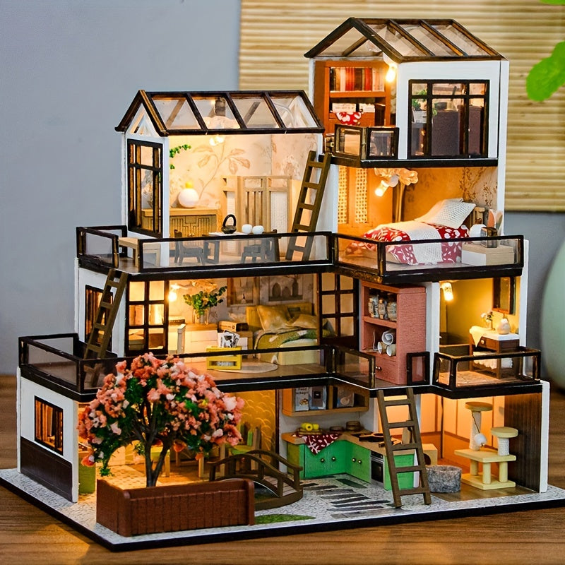3D Miniature Villa Puslespil Sæt – Gør Det Selv med LED Belysning og Detaljerede Interiører