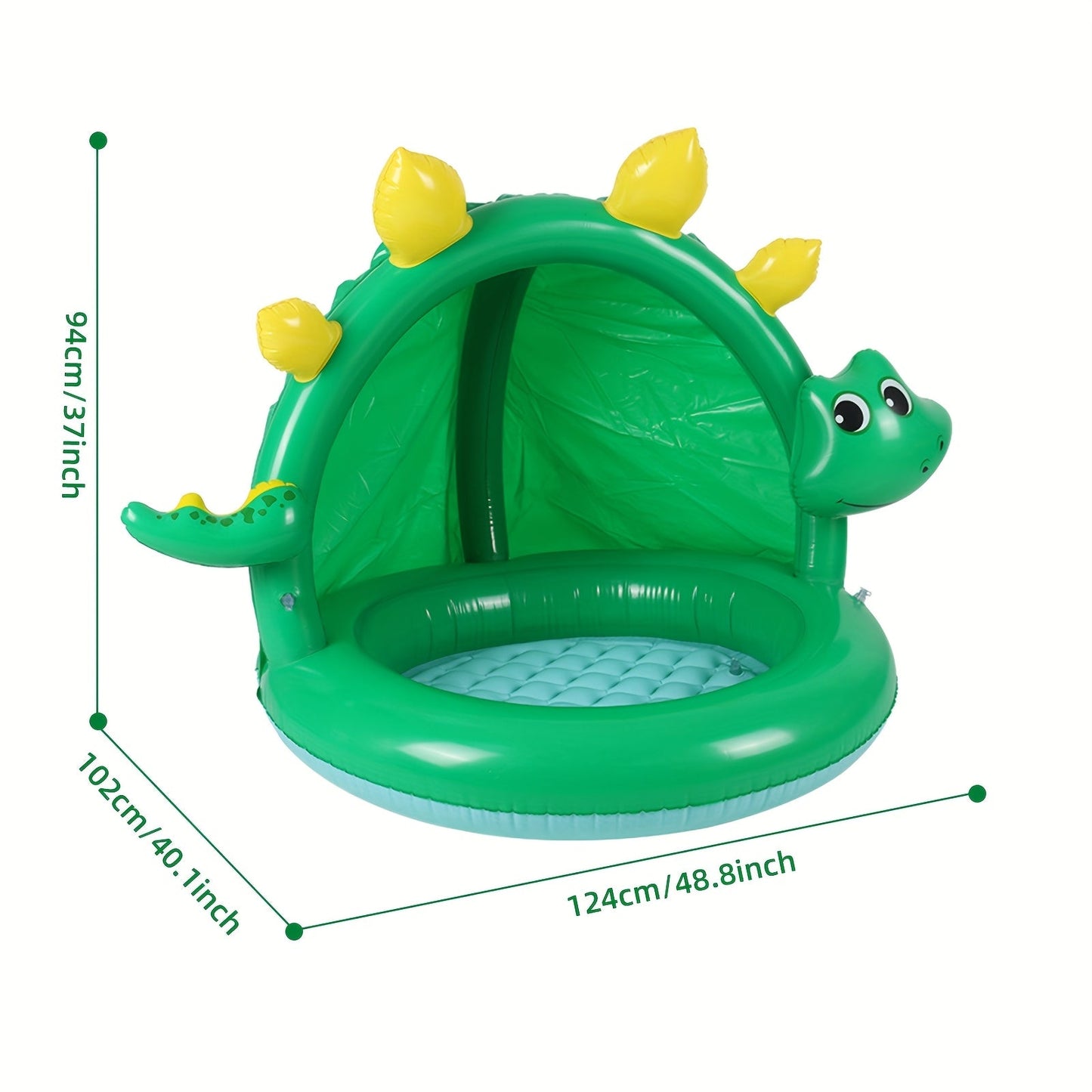 Barnvänlig uppblåsbar pool i dinosaurieform med parasoll