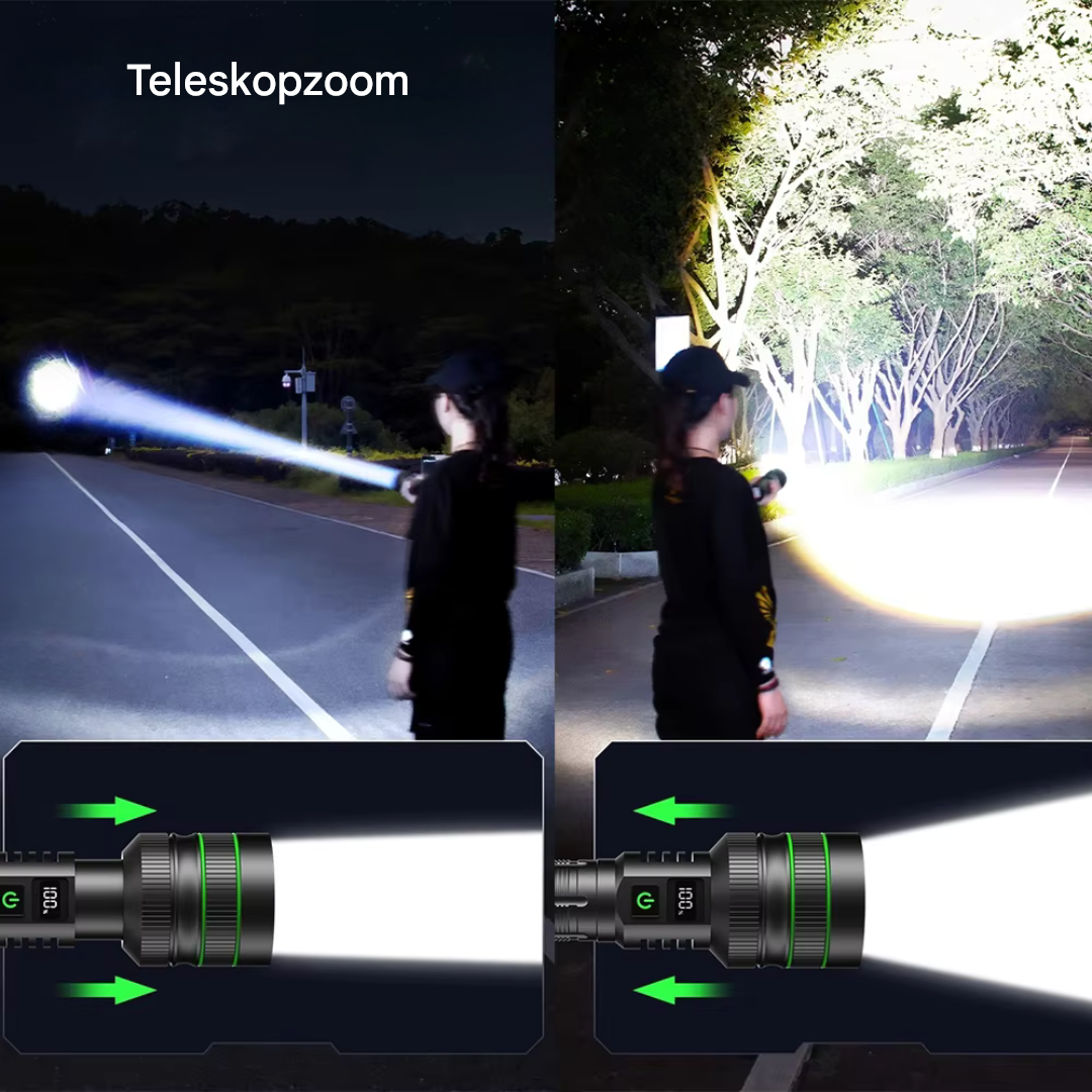 Superstærk LED-lommelygte med justerbart zoom - LuminMax