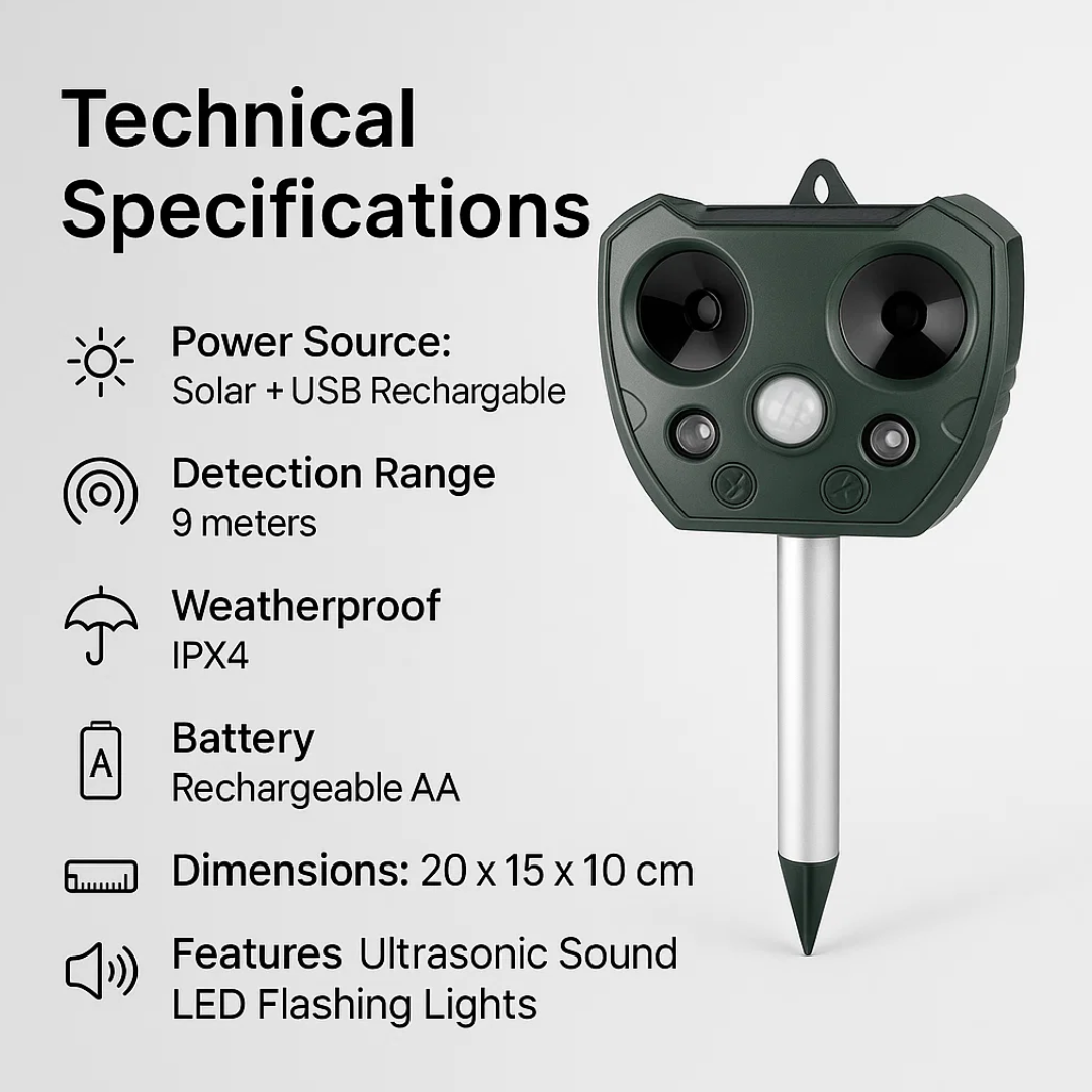 Ultrasonisk Fugle- og Skadedyrsbeskytter | Vejrbestandig, Solcelledrevet & Effektiv til Havebeskyttelse