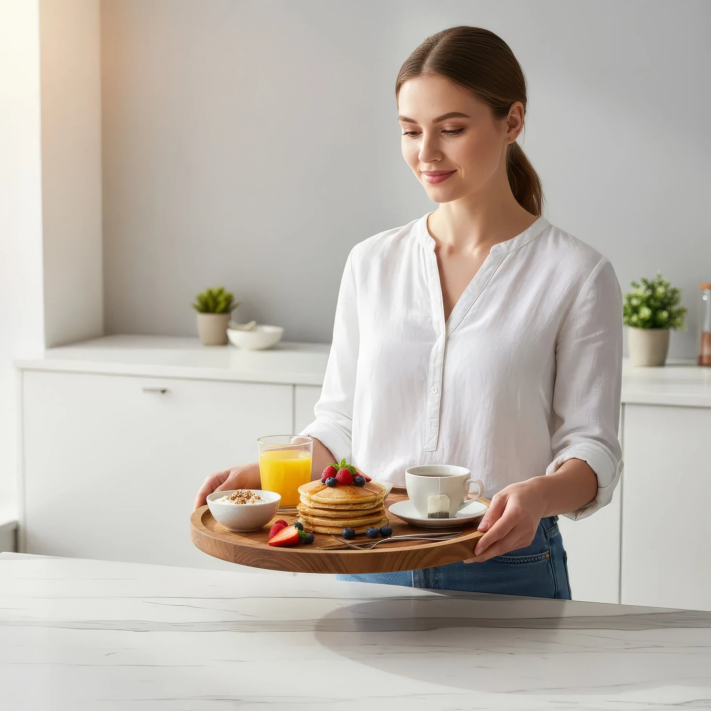 Runt serveringsfat i naturträ för stilfull servering