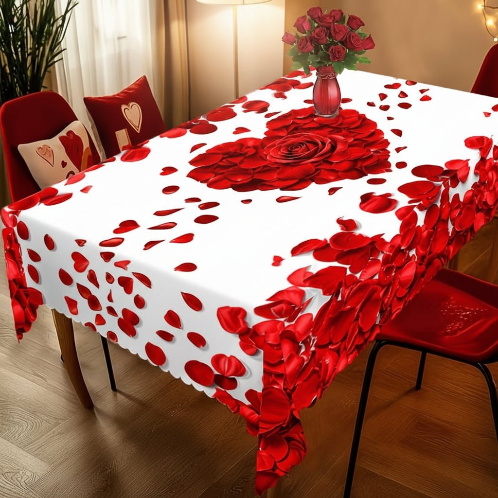 Festligt Rødt Dugdesign med Roser – Perfekt til Valentinsdag