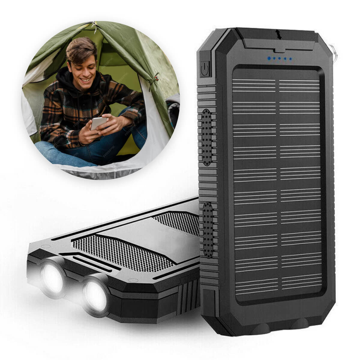 Vattentät powerbank med solpanel och 20000mAh kapacitet