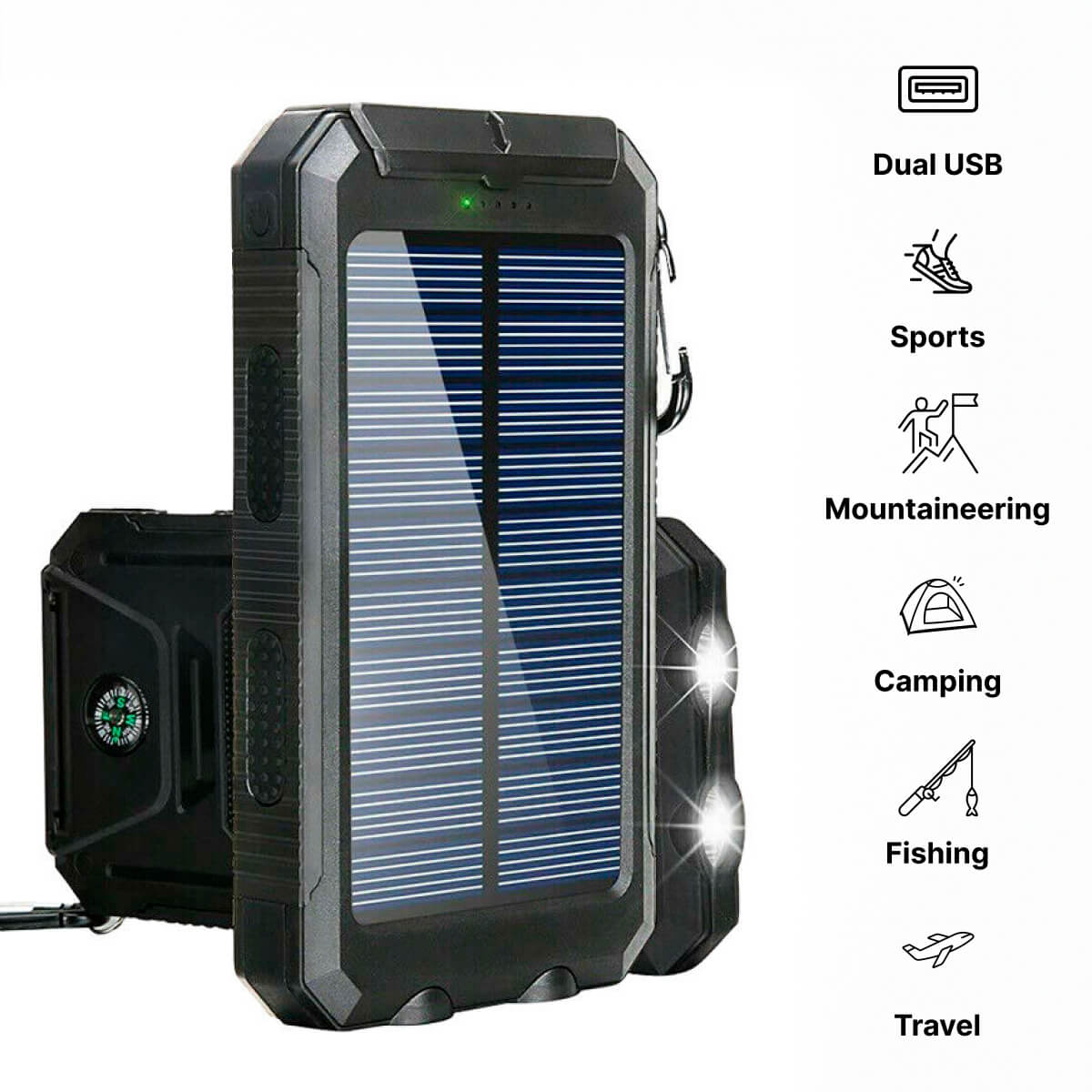Vattentät powerbank med solpanel och 20000mAh kapacitet