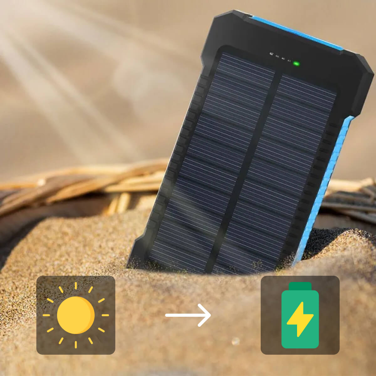 Vattentät solcellsdriven powerbank med dubbla USB och ficklampa