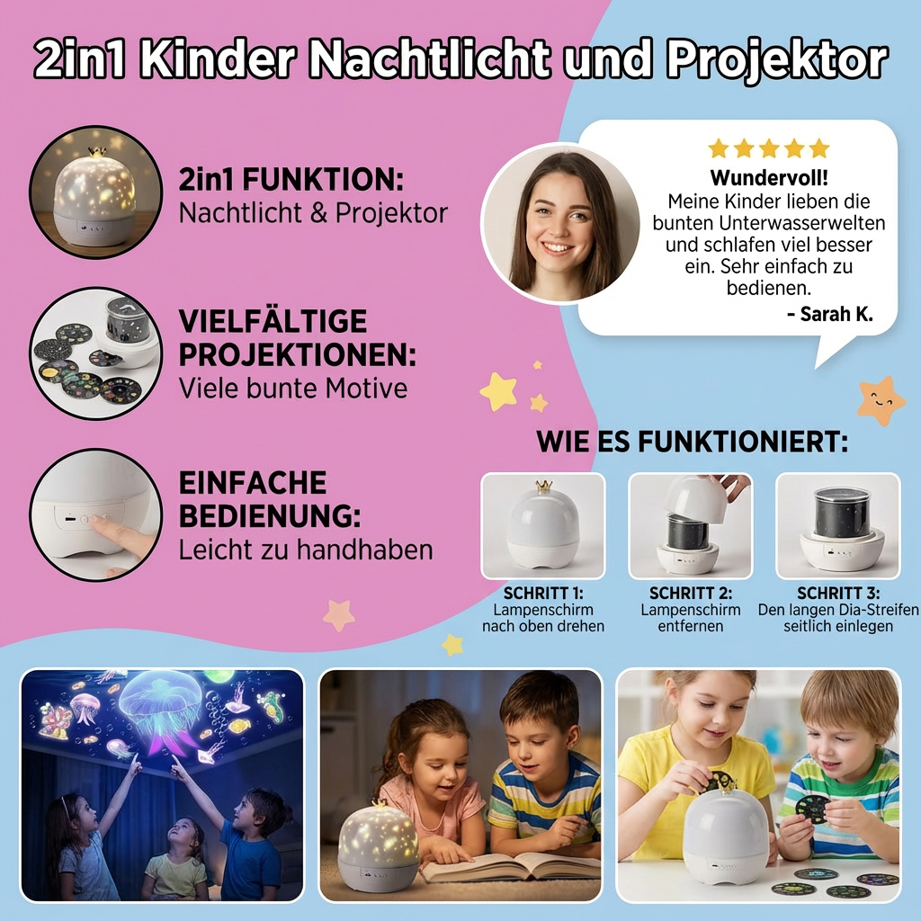 Barn Nattelys med Projektor – 2-i-1 Funktion