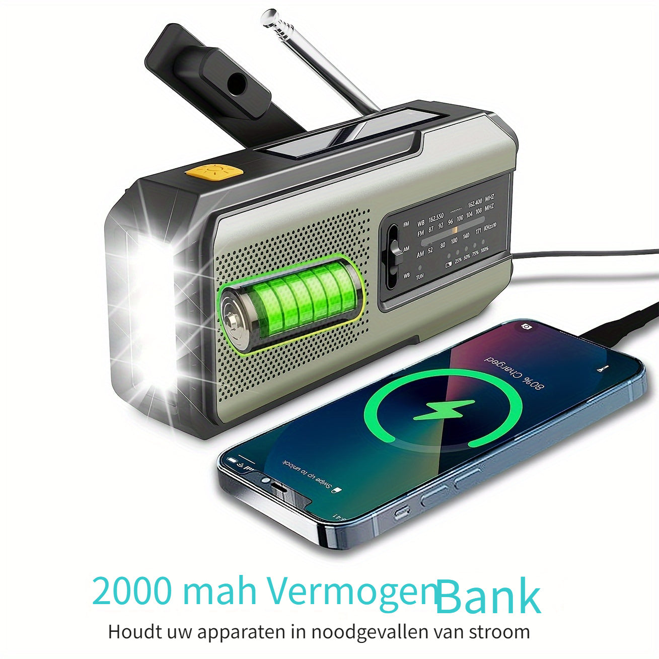 Bärbar radio med solpanel och LED-ficklampa