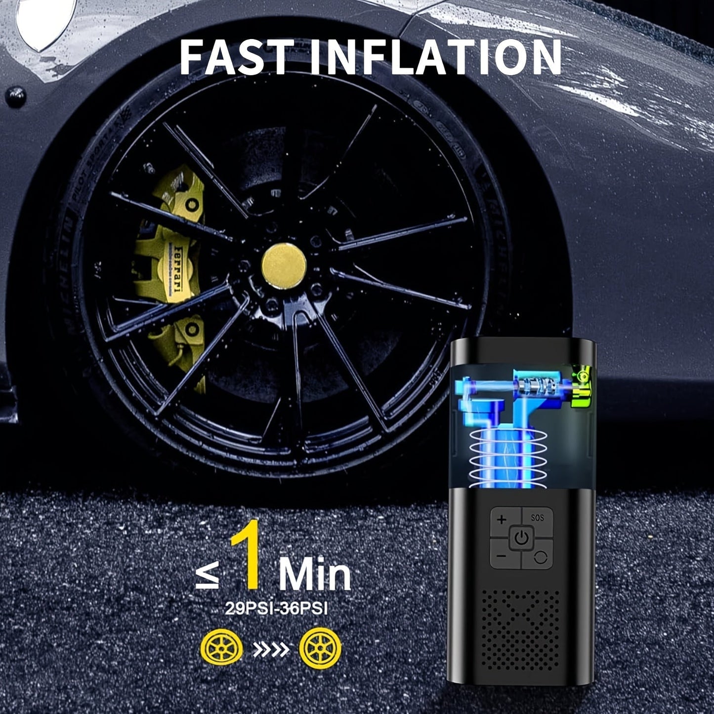 Kraftfuld bærbar luftpumpe med LCD og LED - 150 PSI