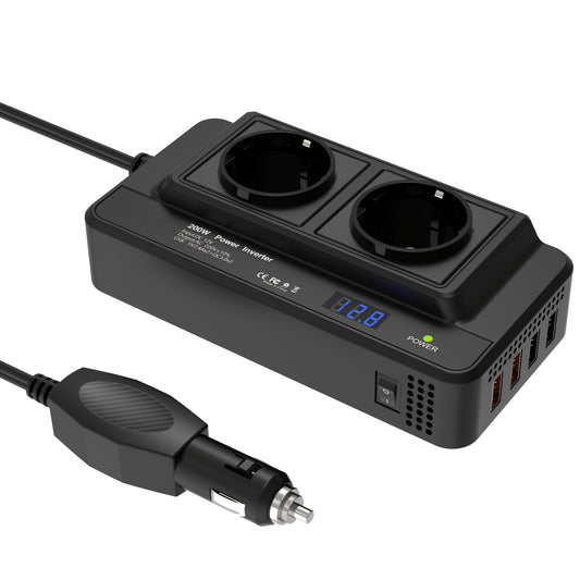 Kompakt 200W Bil Inverter – Dobbelt Stik og Fire USB-porte
