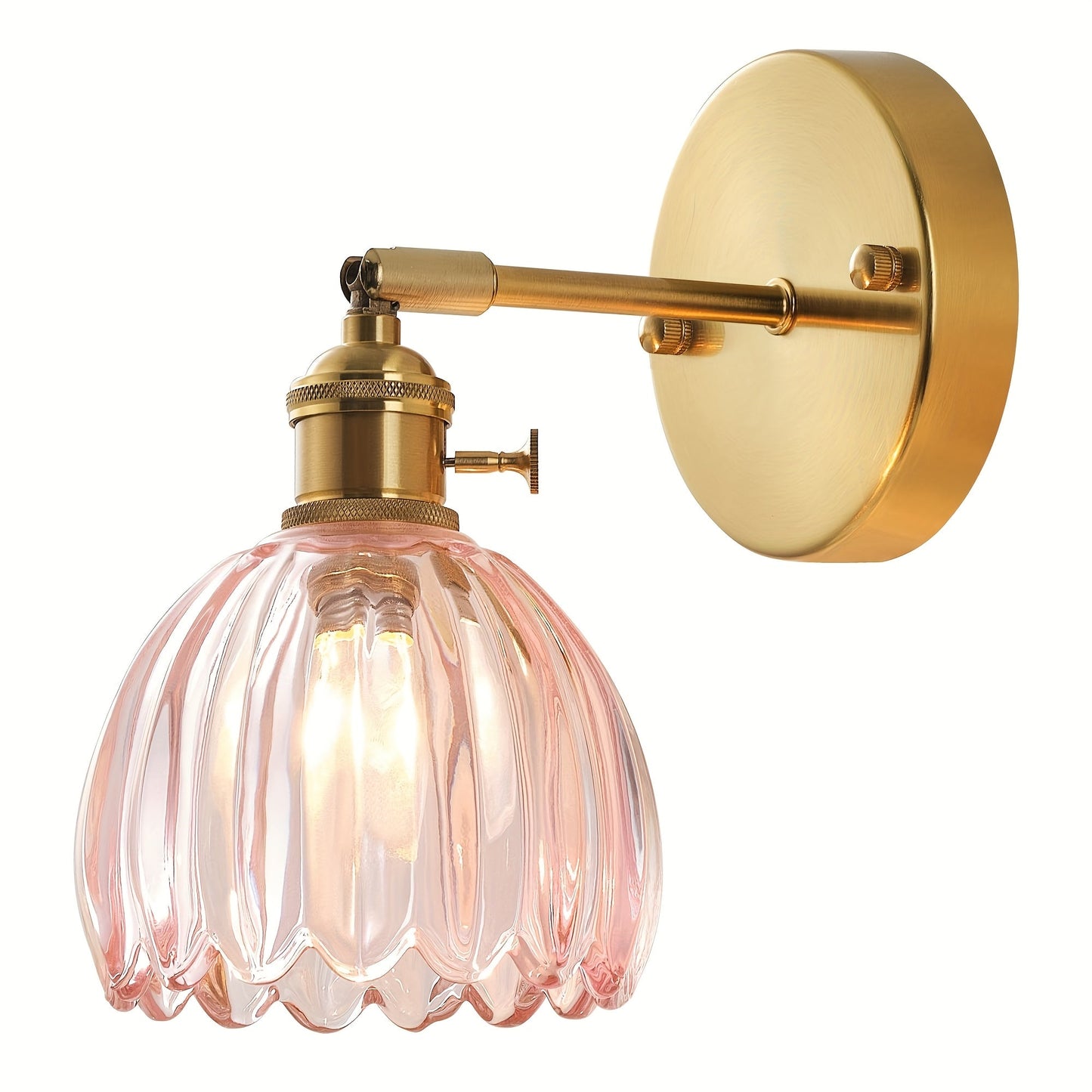 Elegant vägglampa i glas med rosa skärm och guldfinish
