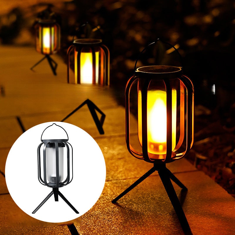 Solcelle- og USB-opladelig LED-lanterne med flammeeffekt