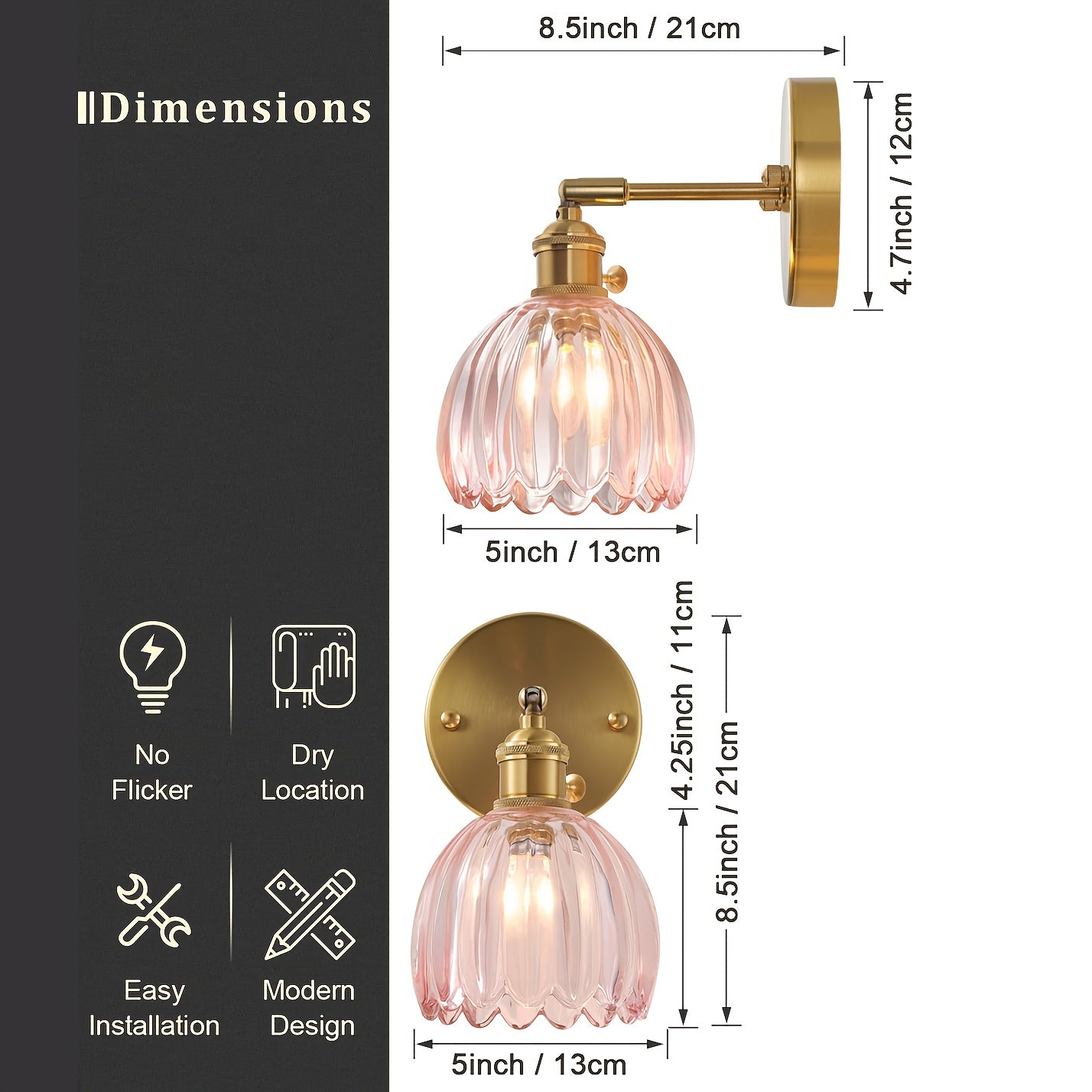 Elegant vägglampa i glas med rosa skärm och guldfinish