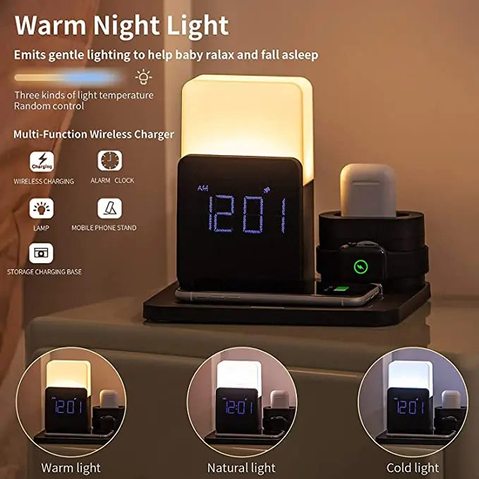 4-i-1 Hurtig Trådløs Opladerstation med Vækkeur og Lampe til Apple
