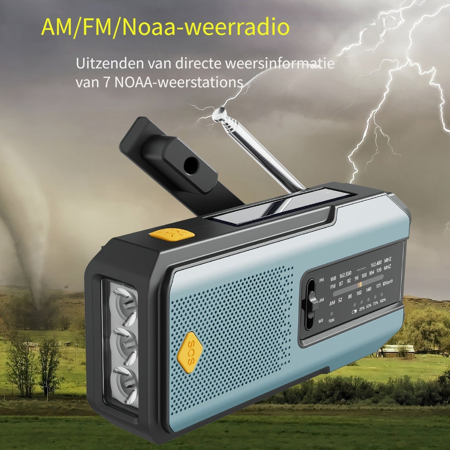 Bärbar radio med solpanel och LED-ficklampa