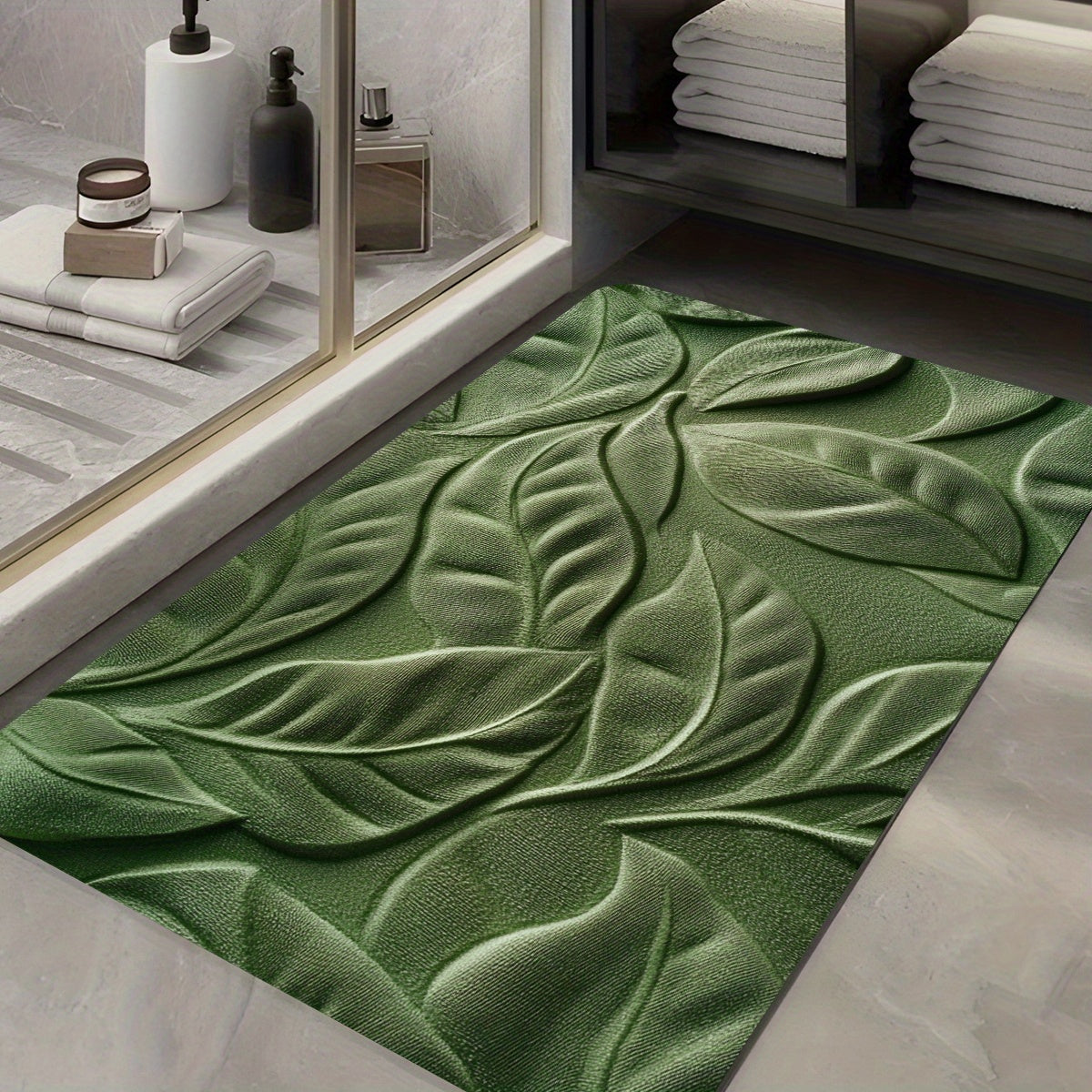 Diatomé Badrumsmatta med Grön Bladdesign – Snabbtorkande och Absorberande