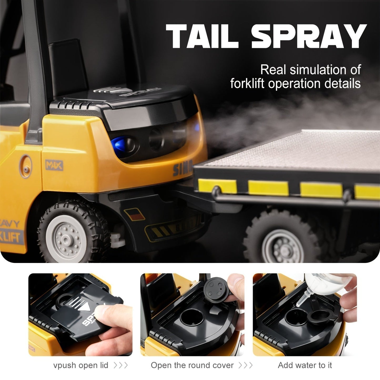 Fjärrstyrd gaffeltruck – skala 1:24 med ljus och släpvagn