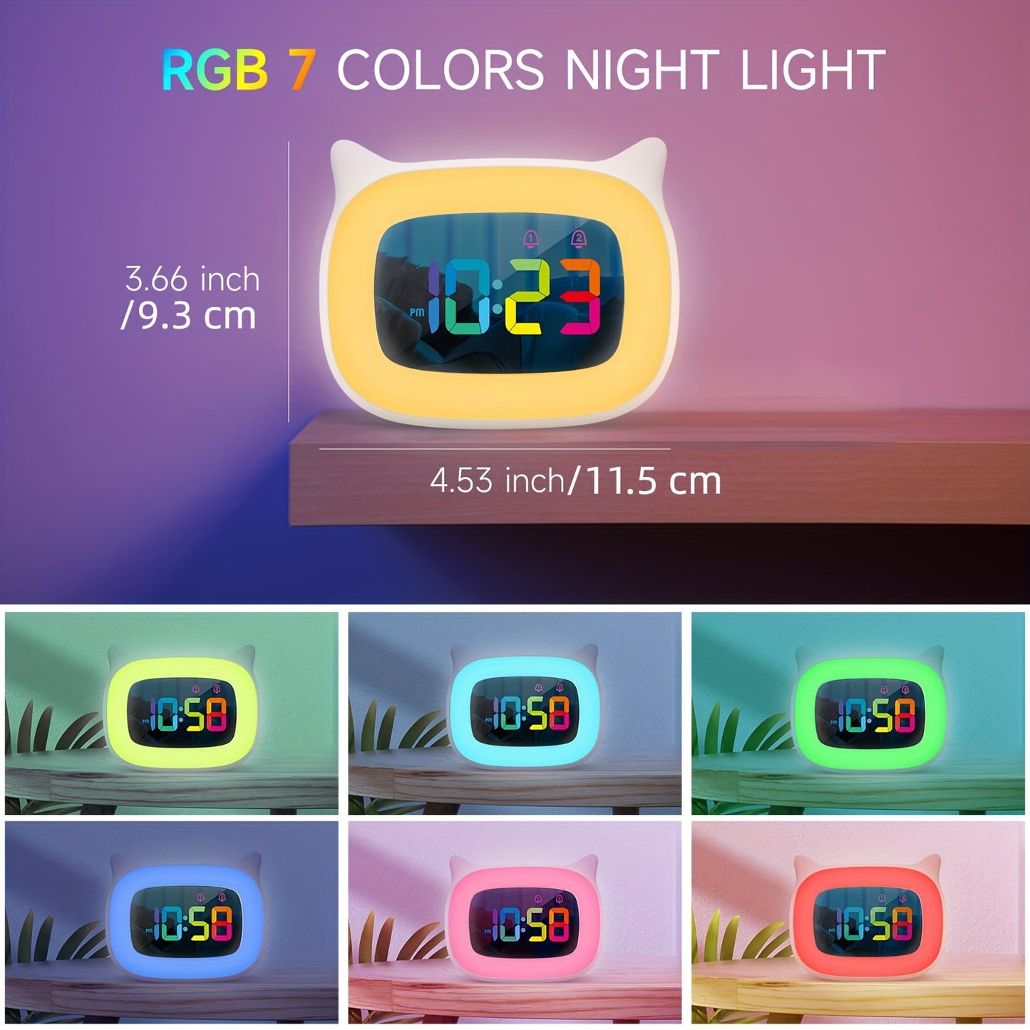 Sød Katteøre Vækkeur med RGB Nattelys og USB-Opladning