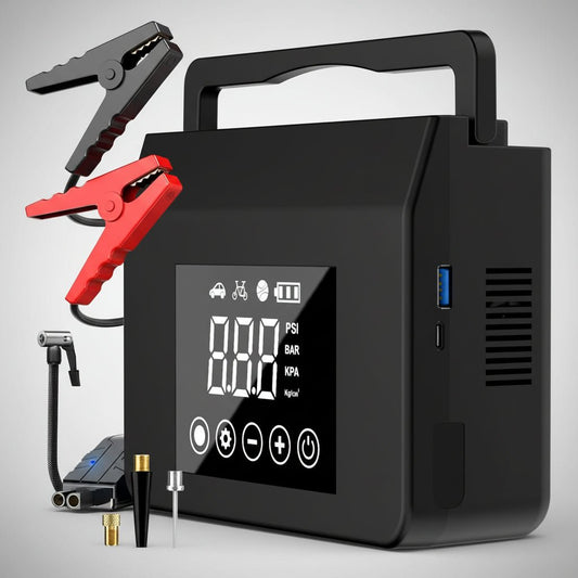 Kompakt Bilbatteri Jumpstarter med Kompressor og LED-lys