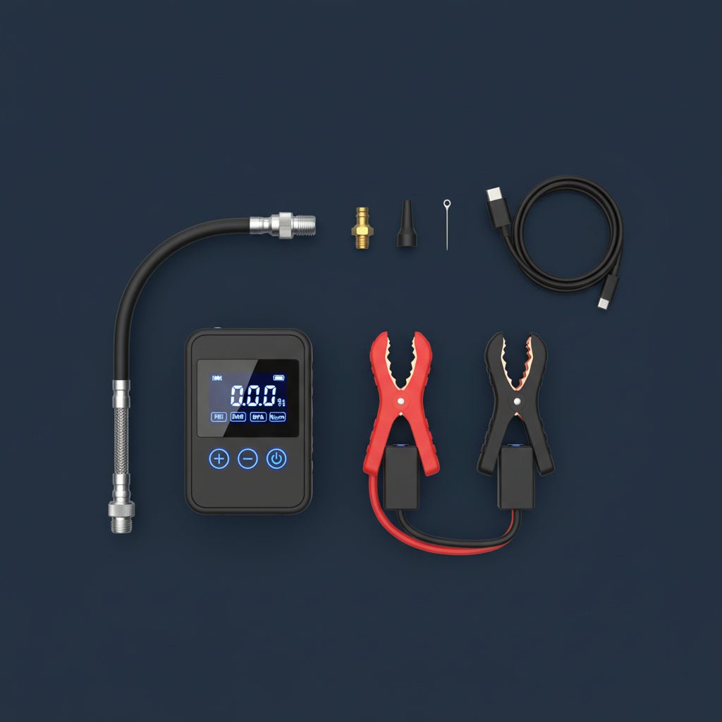 Kompakt Bilbatteri Jumpstarter med Kompressor og LED-lys