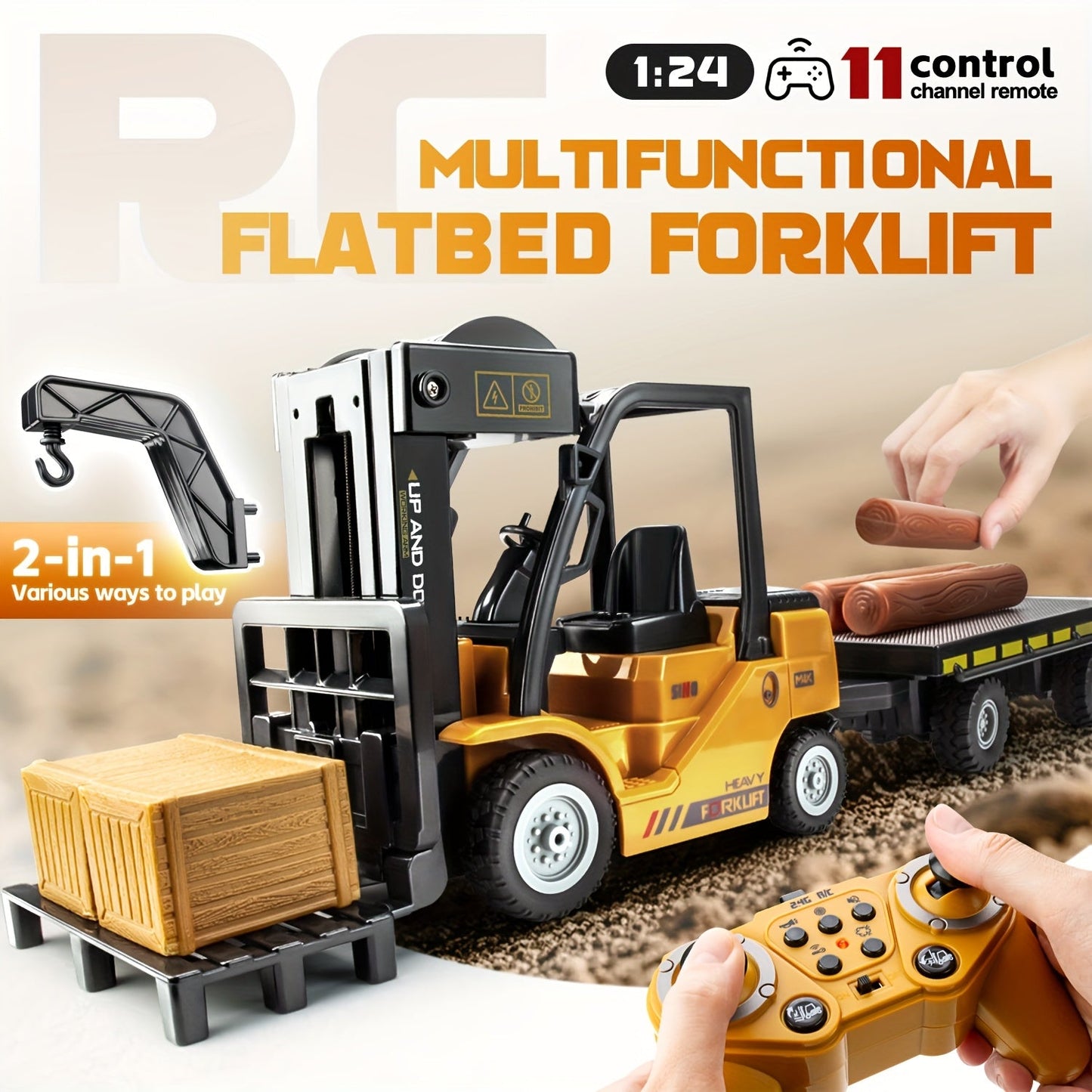 Fjärrstyrd gaffeltruck – skala 1:24 med ljus och släpvagn
