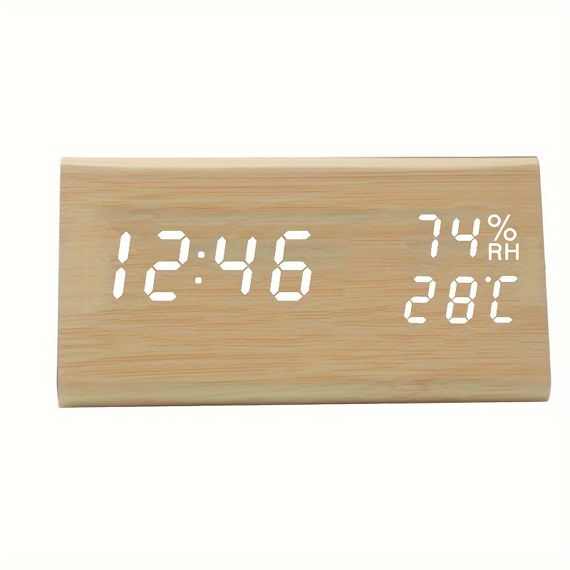 Elegant LED Trä Väckarklocka med Temperatur- och Fuktighetsmätare