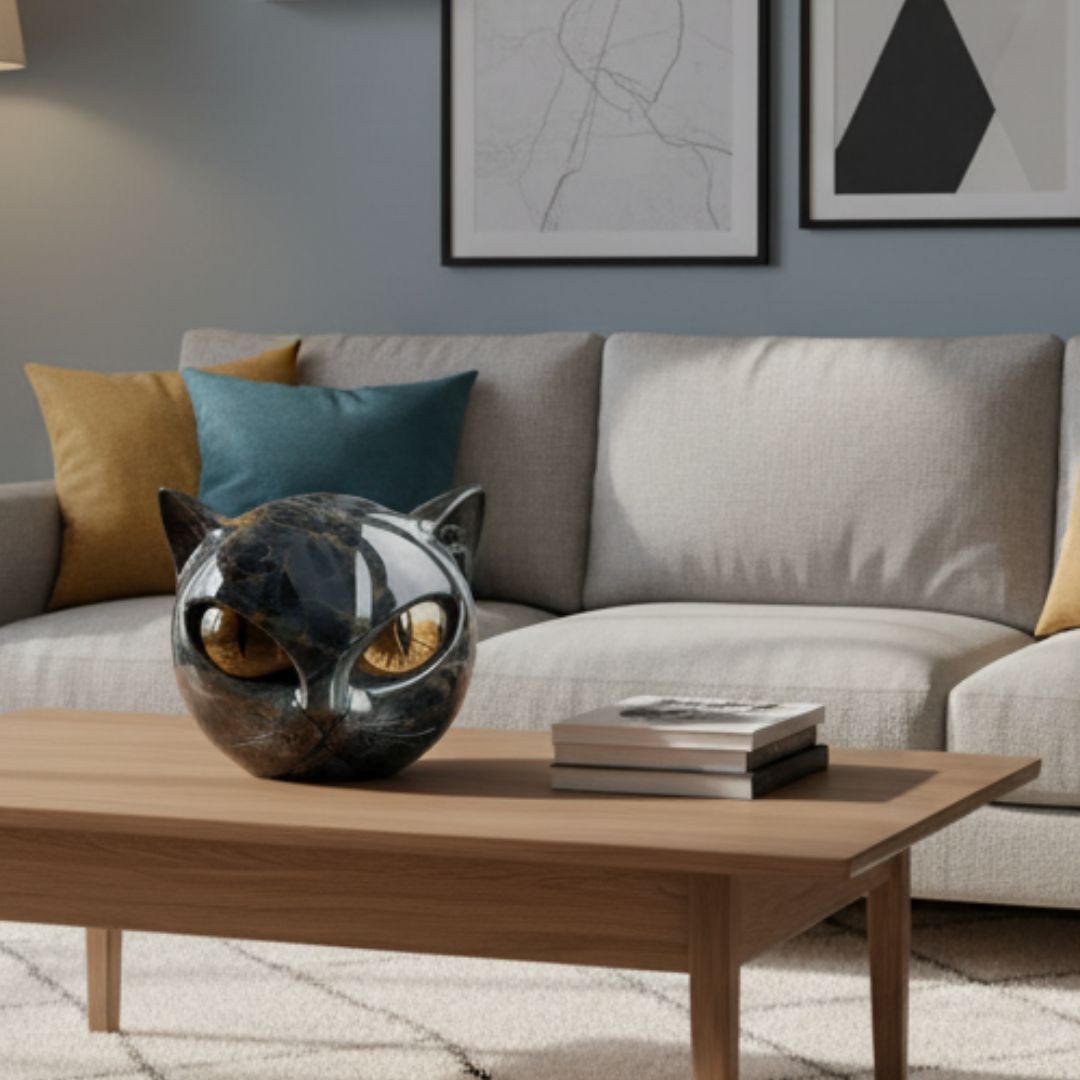 Svart Sten Kattskulptur - Mystisk Vaktkatt