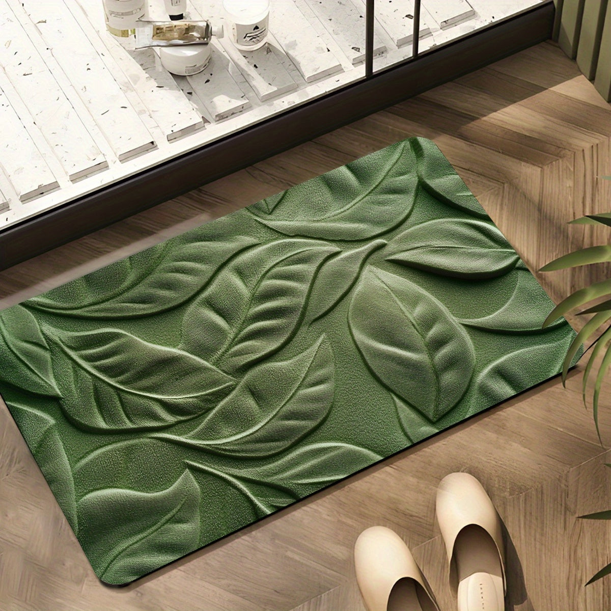 Diatomé Badrumsmatta med Grön Bladdesign – Snabbtorkande och Absorberande