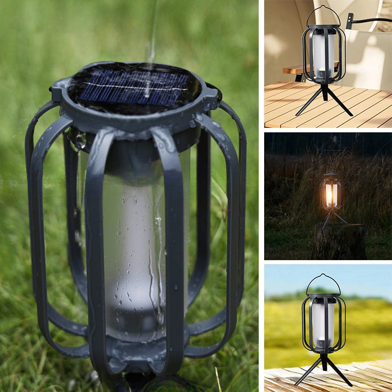 Solcelle- og USB-opladelig LED-lanterne med flammeeffekt