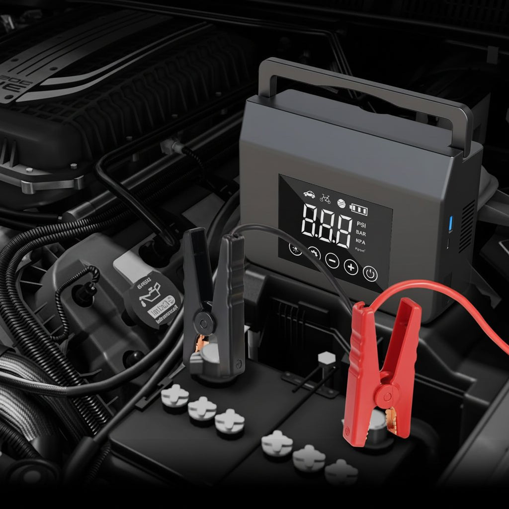 Kompakt Bilbatteri Jumpstarter med Kompressor og LED-lys