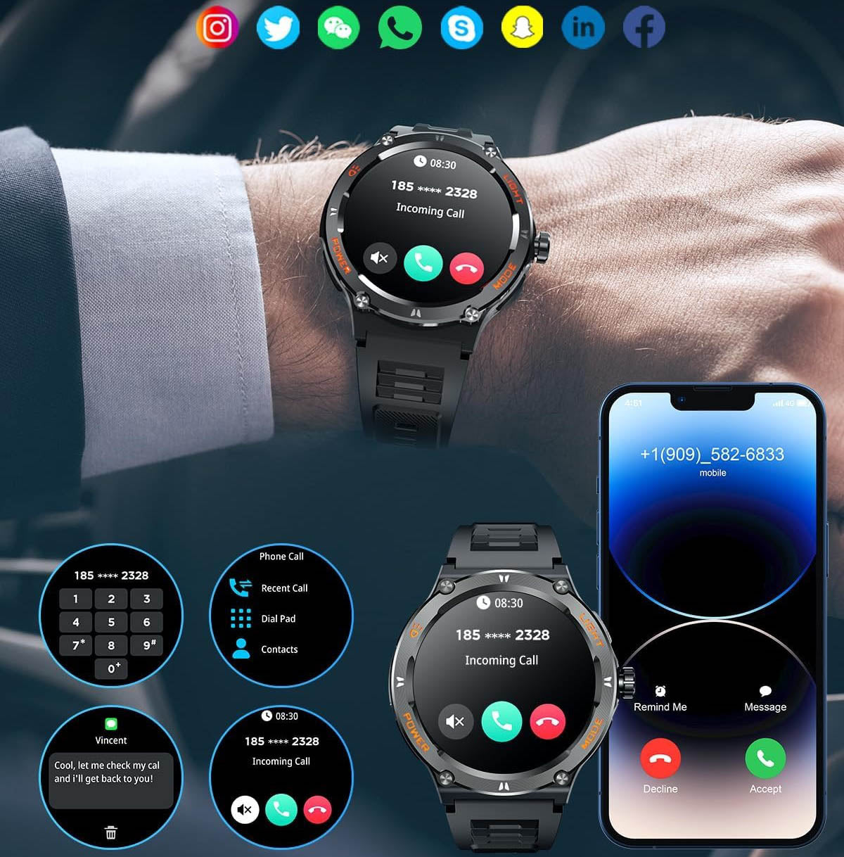 Smartwatch til Mænd med HD Skærm, LED Lygte og Kompas