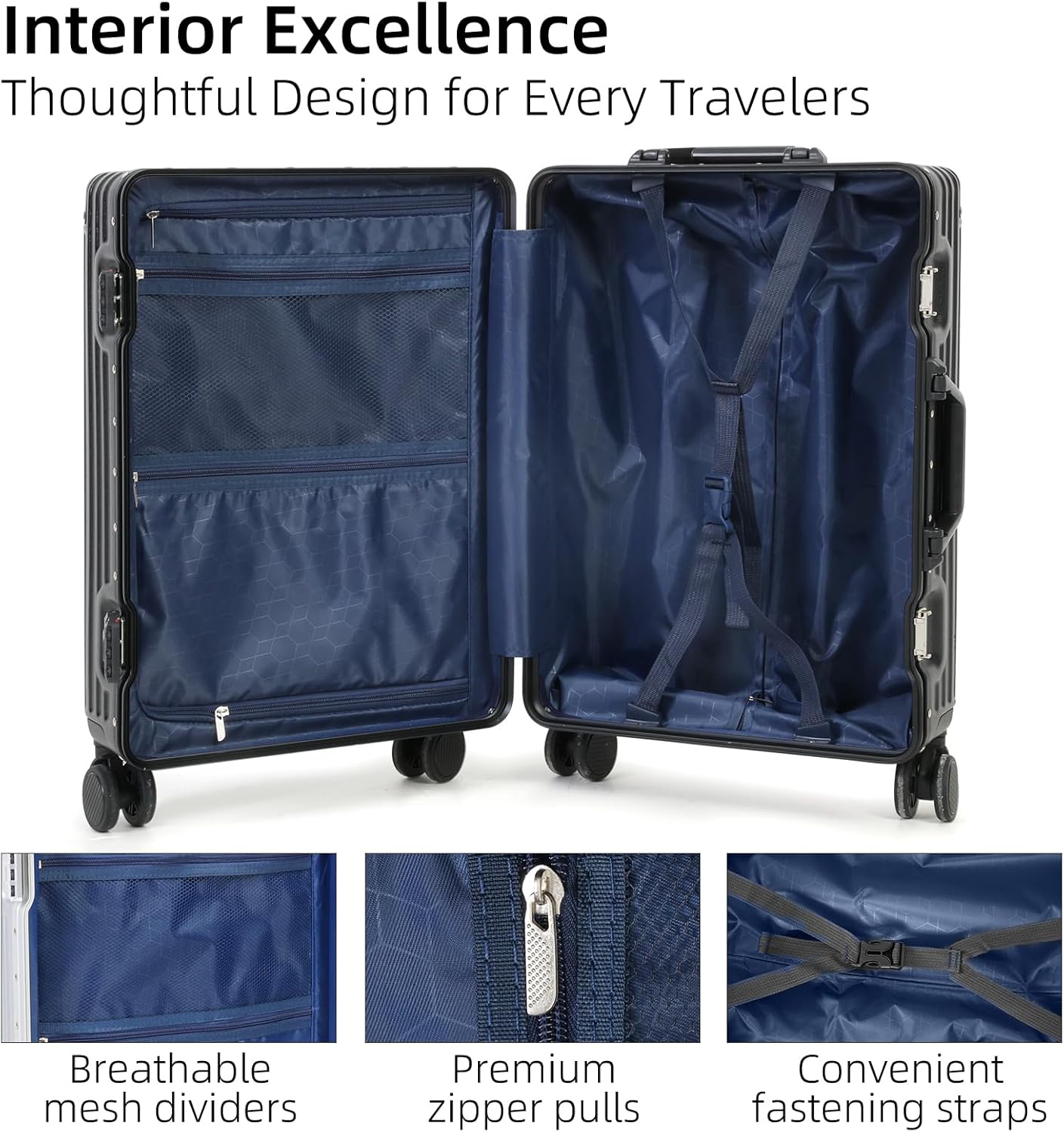 Lättviktsbagage i aluminium med TSA-lås och tystgående hjul
