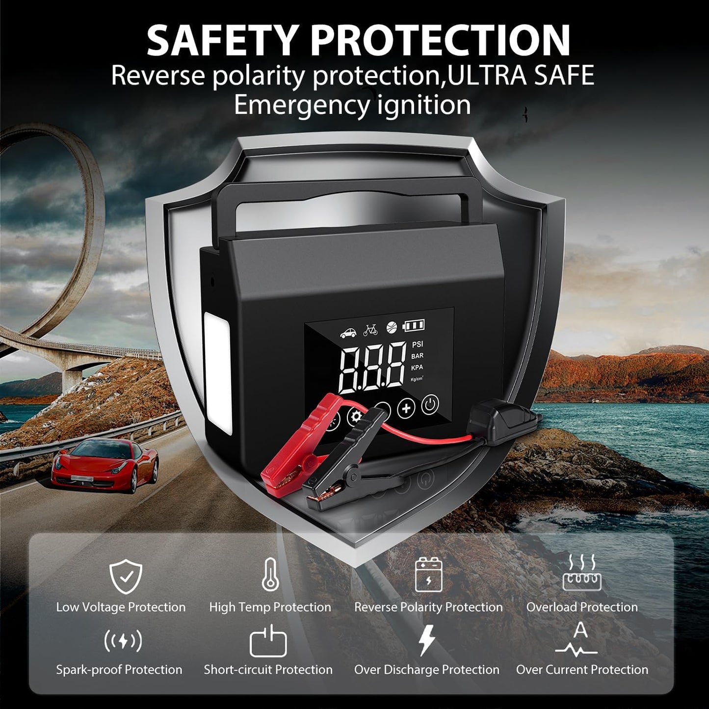Kompakt Bilbatteri Jumpstarter med Kompressor og LED-lys