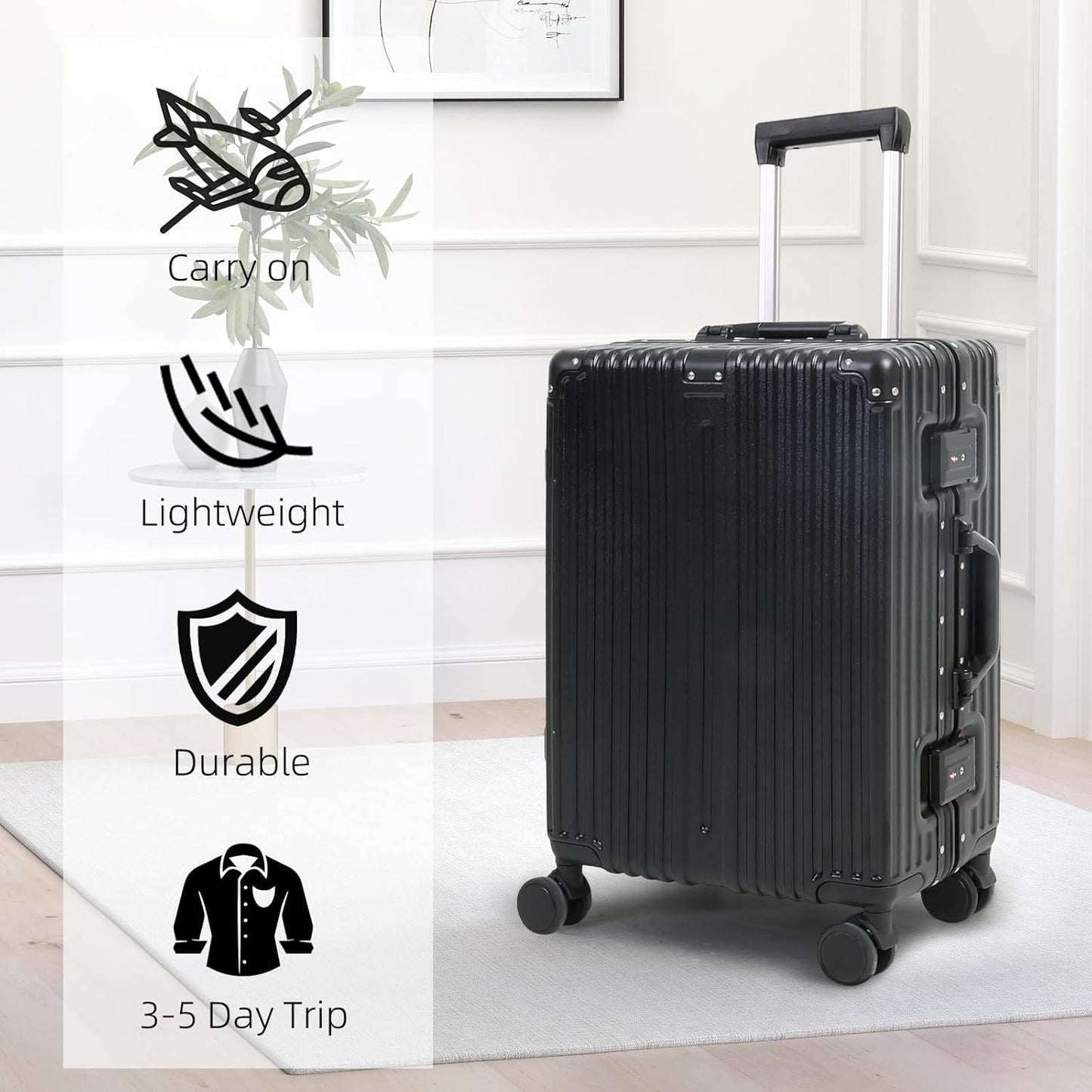 Lättviktsbagage i aluminium med TSA-lås och tystgående hjul