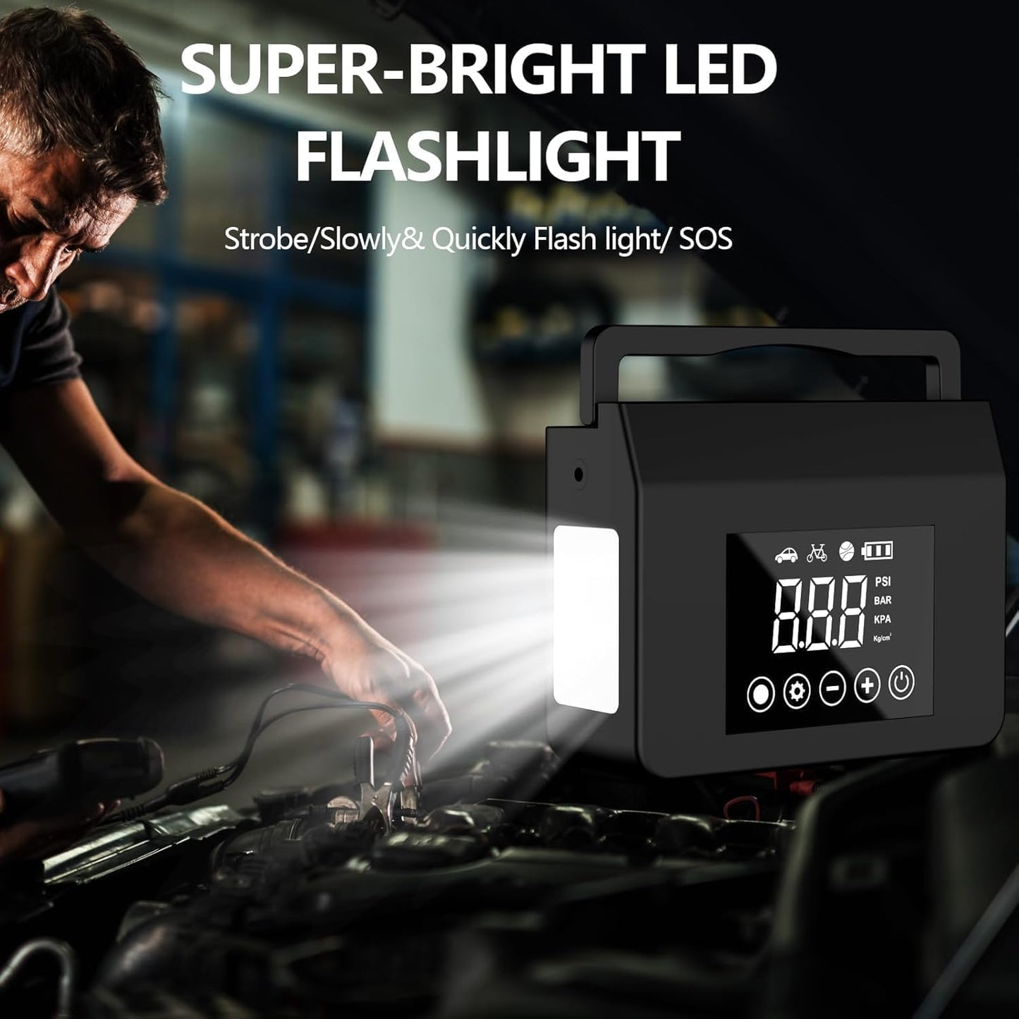 Kompakt Bilbatteri Jumpstarter med Kompressor og LED-lys
