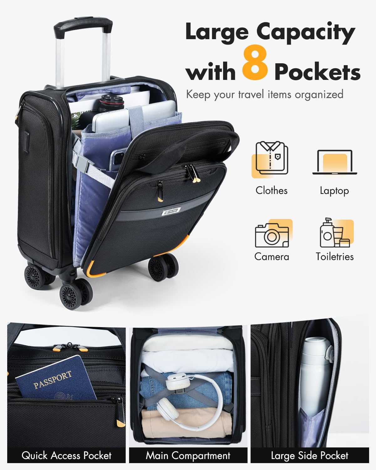 Godkänt handbagage för flygresor med snurrbara hjul och laptopfack