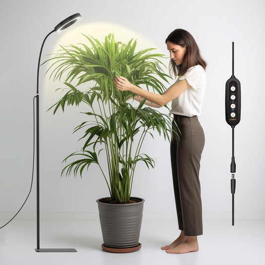 Indendørs Vækstlys til Planter, 20W LED med Automatisk Timer, Justerbart Stativ, 3 Lysindstillinger, 6 Niveaus Regulering (Sort)