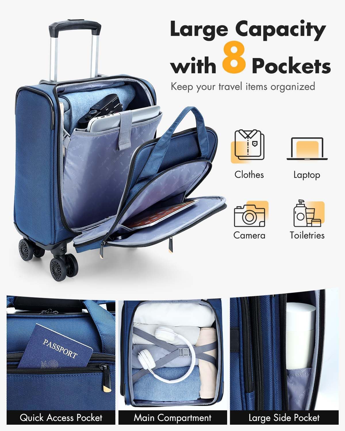 Godkänt handbagage för flygresor med snurrbara hjul och laptopfack