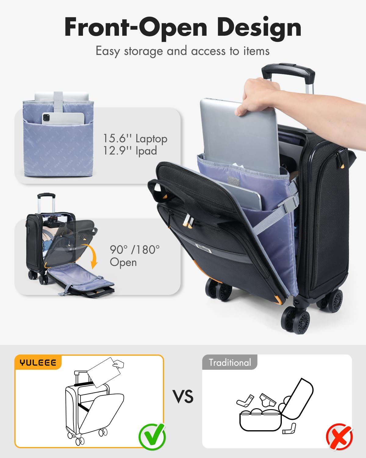 Godkänt handbagage för flygresor med snurrbara hjul och laptopfack