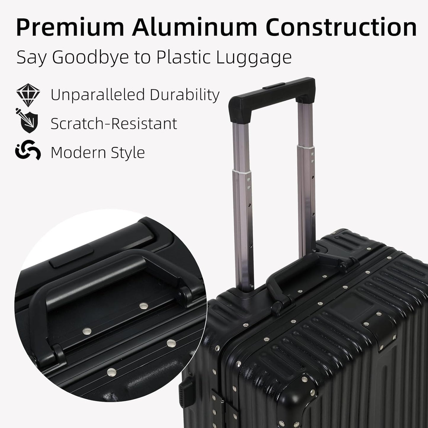 Lättviktsbagage i aluminium med TSA-lås och tystgående hjul