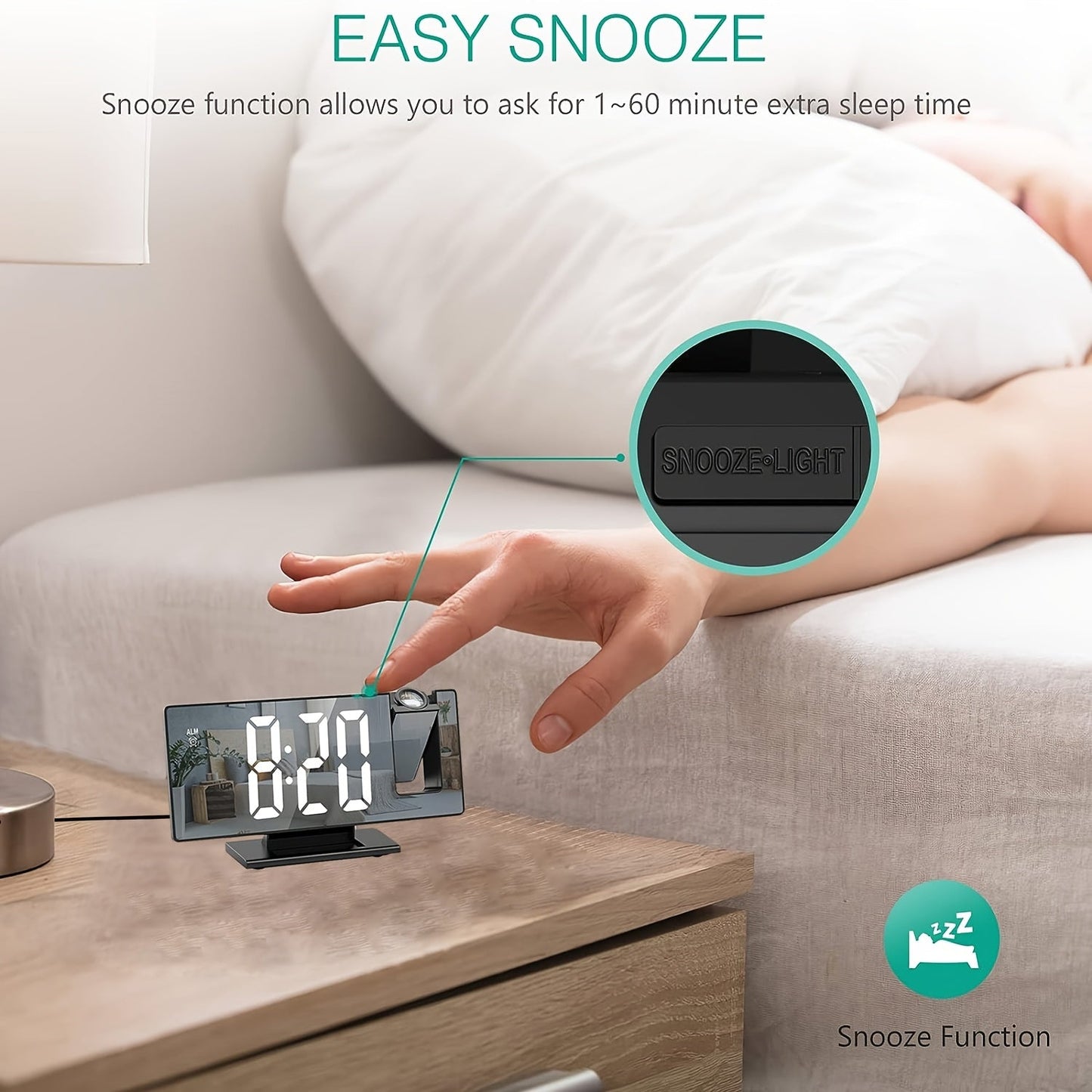 Vækkeur med justerbar 180° LED-projektion – Klar skærm og snooze-funktion til soveværelse eller kontor