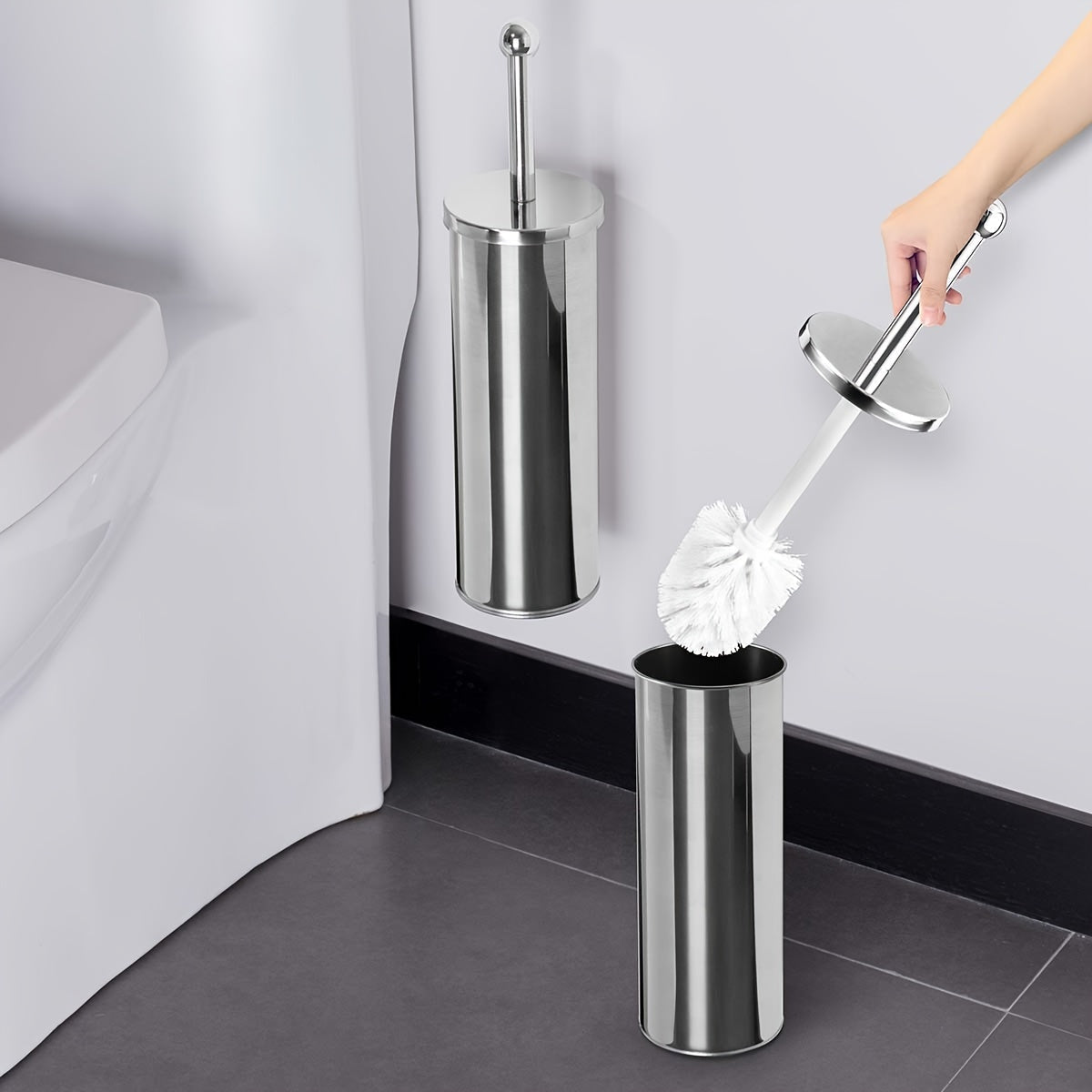 Elegant toiletbørste med langt håndtag og hygiejnisk holder